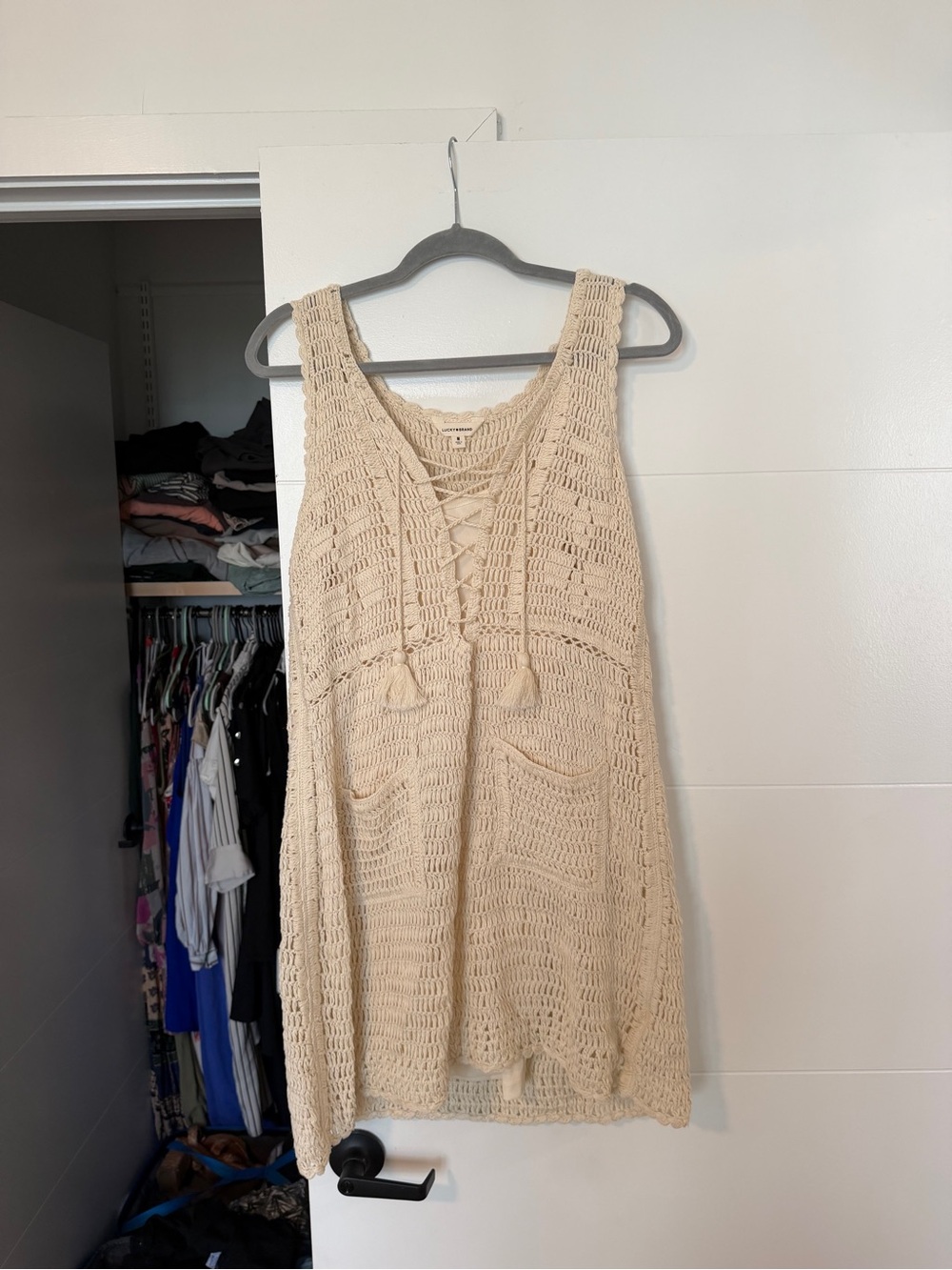 Crochet Lace-Up Swim Cover-Up Dress in Cream